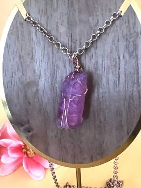 Copper wire wrapped pink quartz and matching necklace